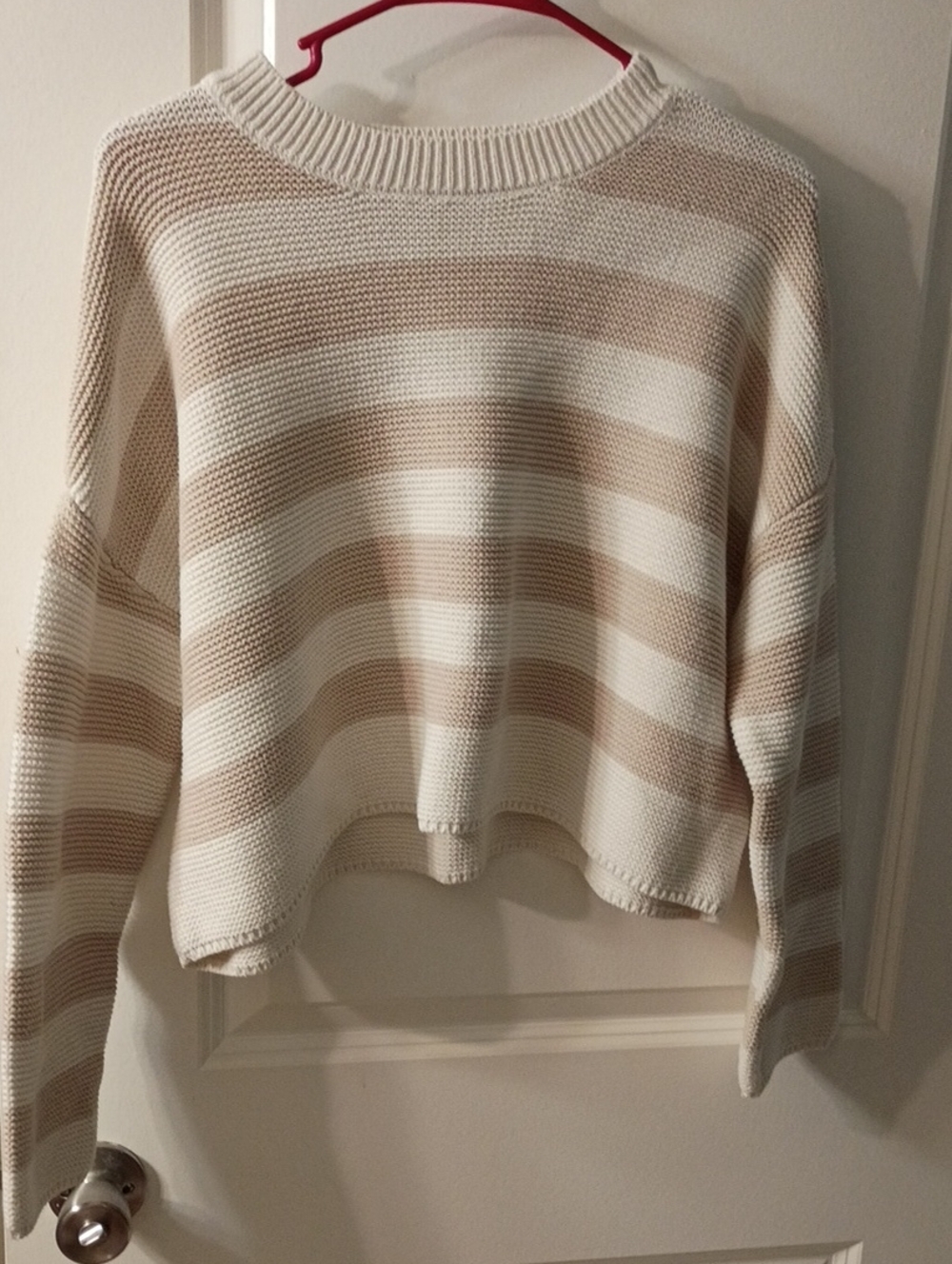 moon & madison Beige and White Striped Crewneck Sweater